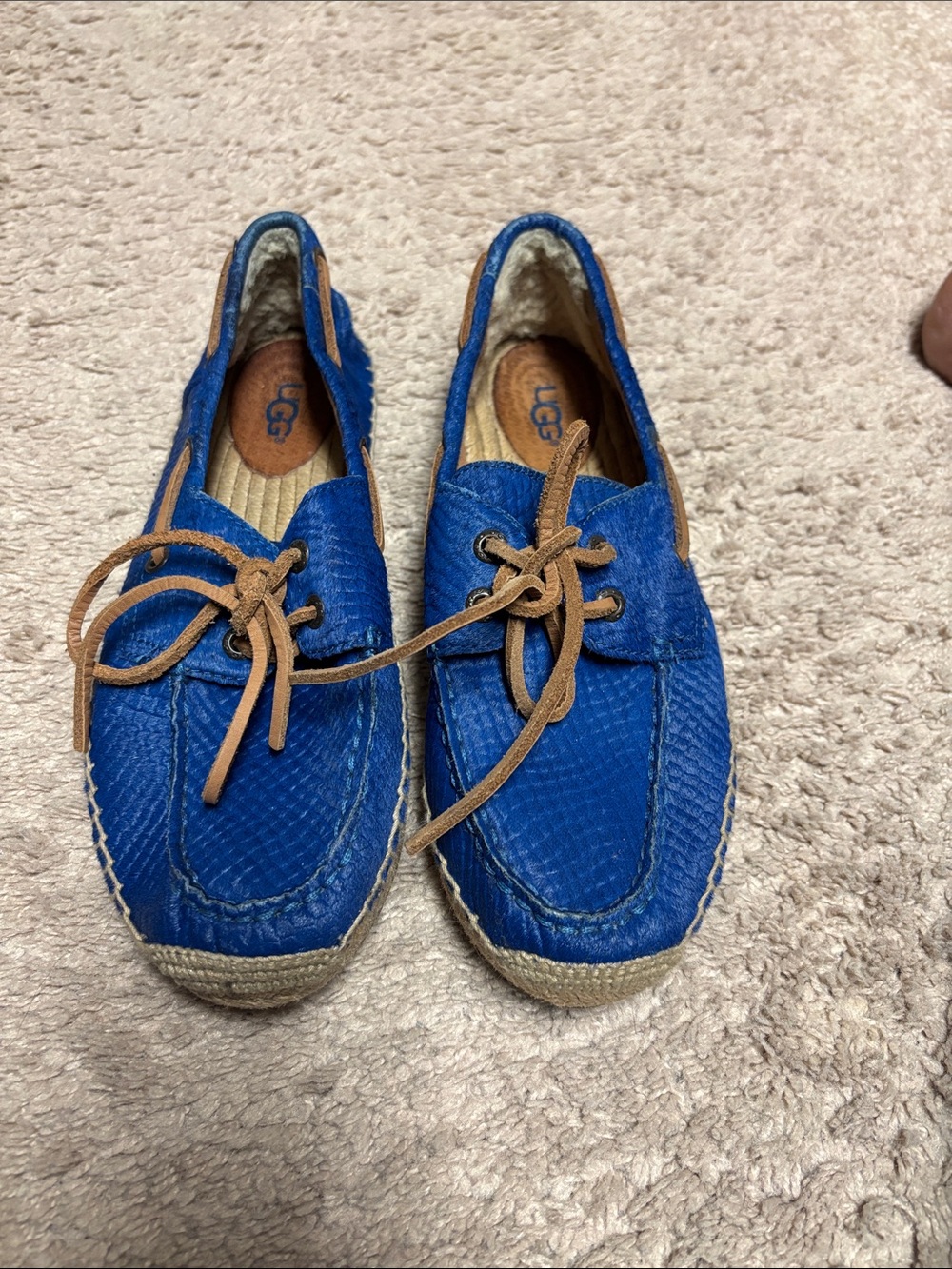 UGG Men’s Royal Blue Suede Boat Moccasins with Tan Laces